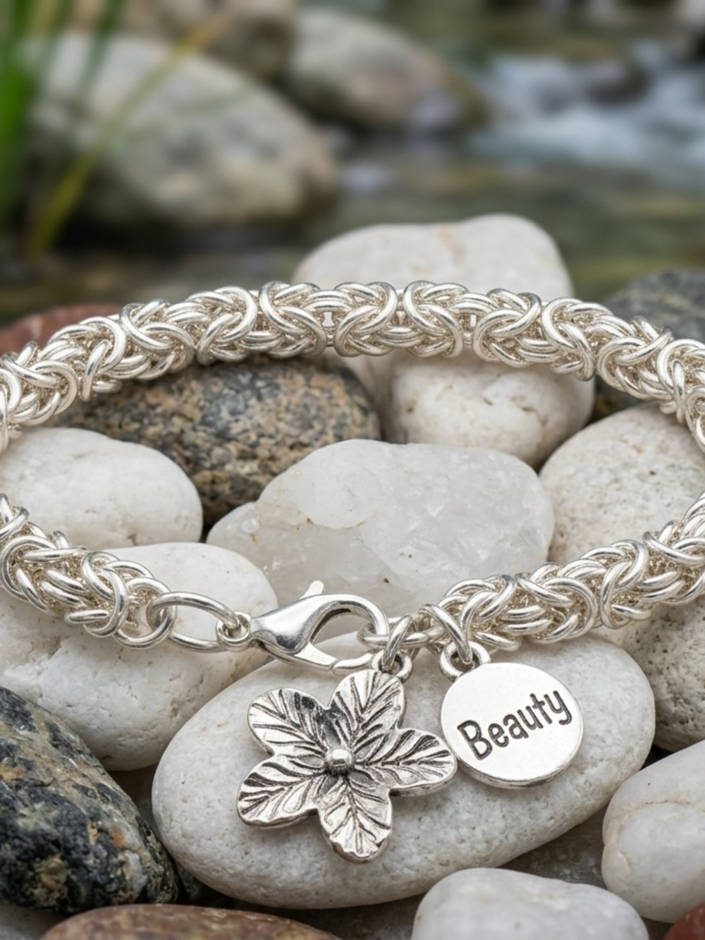 Sterling Silver Bracelet with Floral Charm